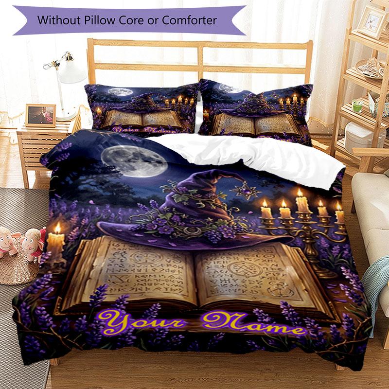3PC Custom Name Witchcraft Spell Book Bedding Set Duvet Cover Closure Includes 1 Duvet Cover & 2 Pillowcases for Bedroom