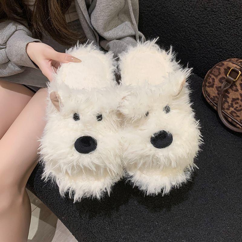 Cartoon Cute One-word Slippers Women's Season Fashion Versatile Cute Outer Wear Fluffy Slippers Women's Models
