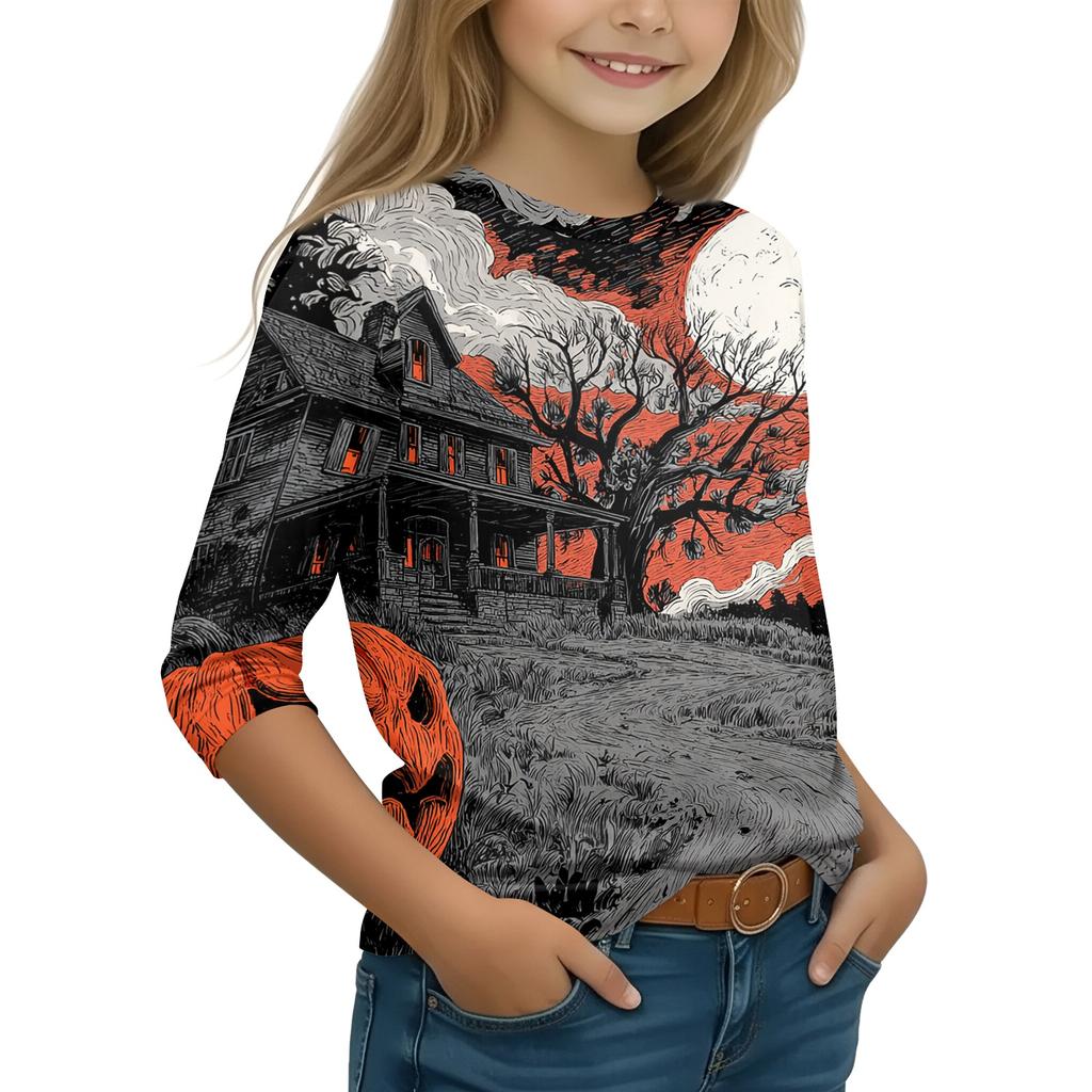 Kids Casual Long Sleeve T-Shirt with Halloween Print Round Neck for Party Costume