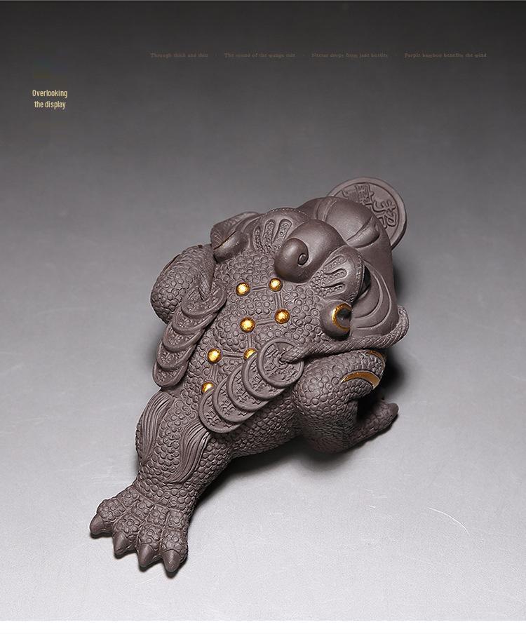 Handmade Purple Clay Three-Legged Golden Toad Tea Pet Ornament for Tea Table or Office.