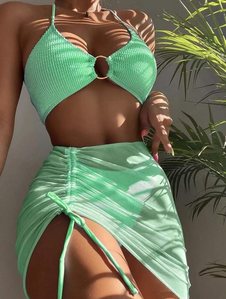 2024 Ruffled Steel Ring Bikini Three-Piece Set - European & American Women's Swimsuit