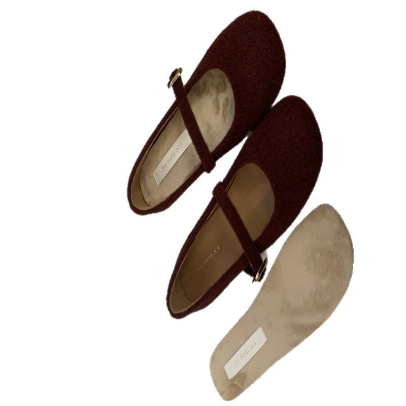 Suede Korean version of spring and autumn one-word buckle shallow mouth Mary Jane women's shoes 25 new leather round head flat-soled single shoe