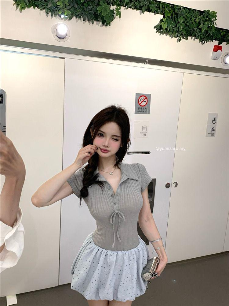 Koreańska morelowa sukienka z kołnierzykiem polo, krótkim rękawem, dopasowana, patchworkowa, dla kobiet