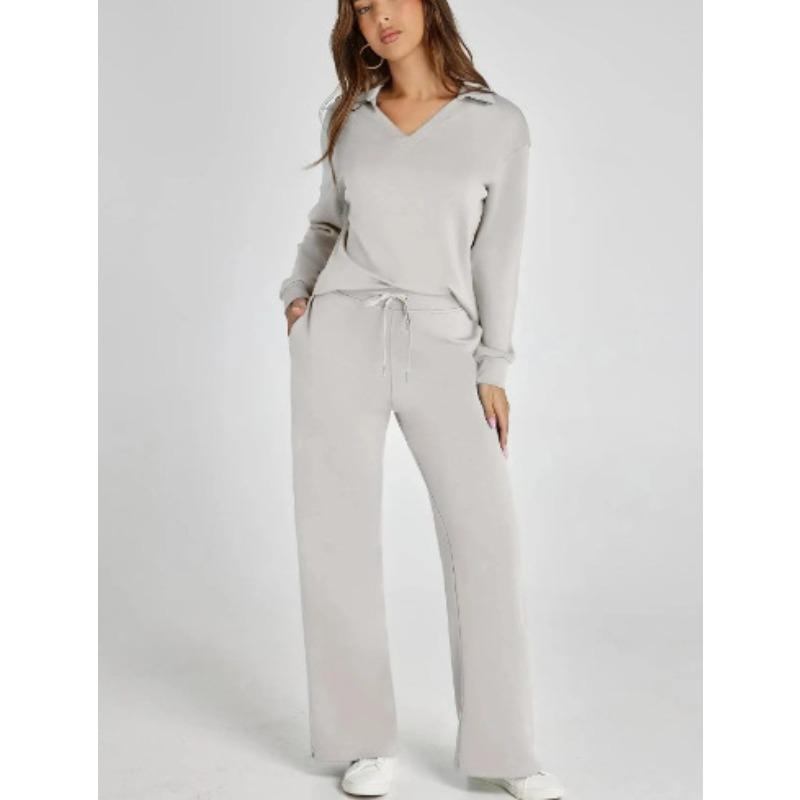 VEZFAA Damesmode Casual Lente Herfst Effen Kleur Print Lange Mouw POLO Hals Broek Pakken