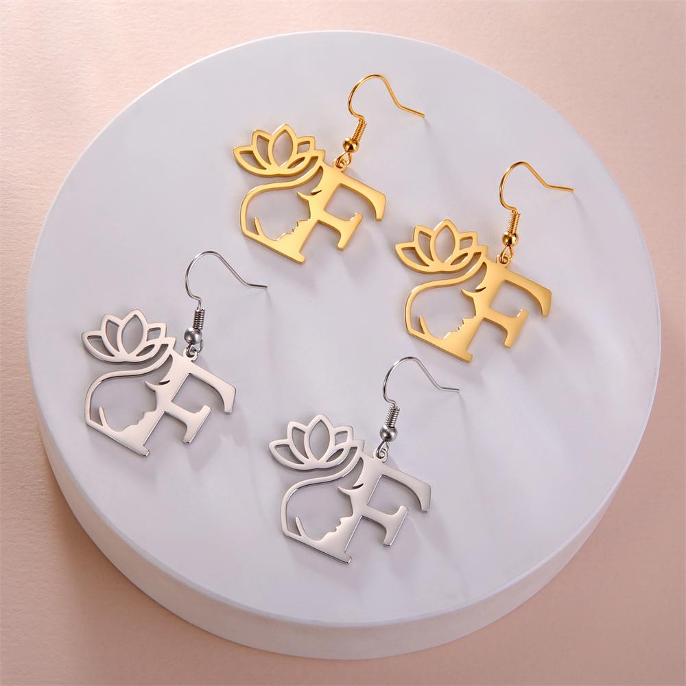 My Shape Beauty Flower Letter Drop Earrings for Women A-Z Alphabet Initials Lotus Stainless Steel Fashion Jewelry Kids Female