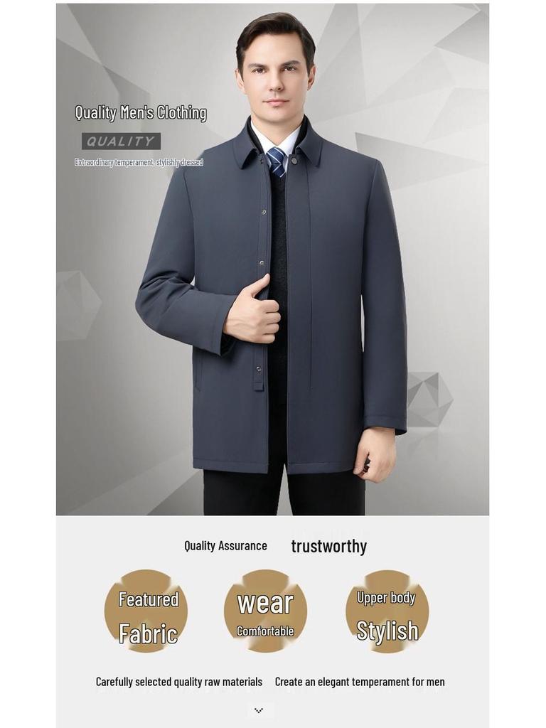 Men's Winter Down Jacket: White Duck Down, Middle-Aged, Thickened, Detachable Liner, Lapel, Warm Coat.