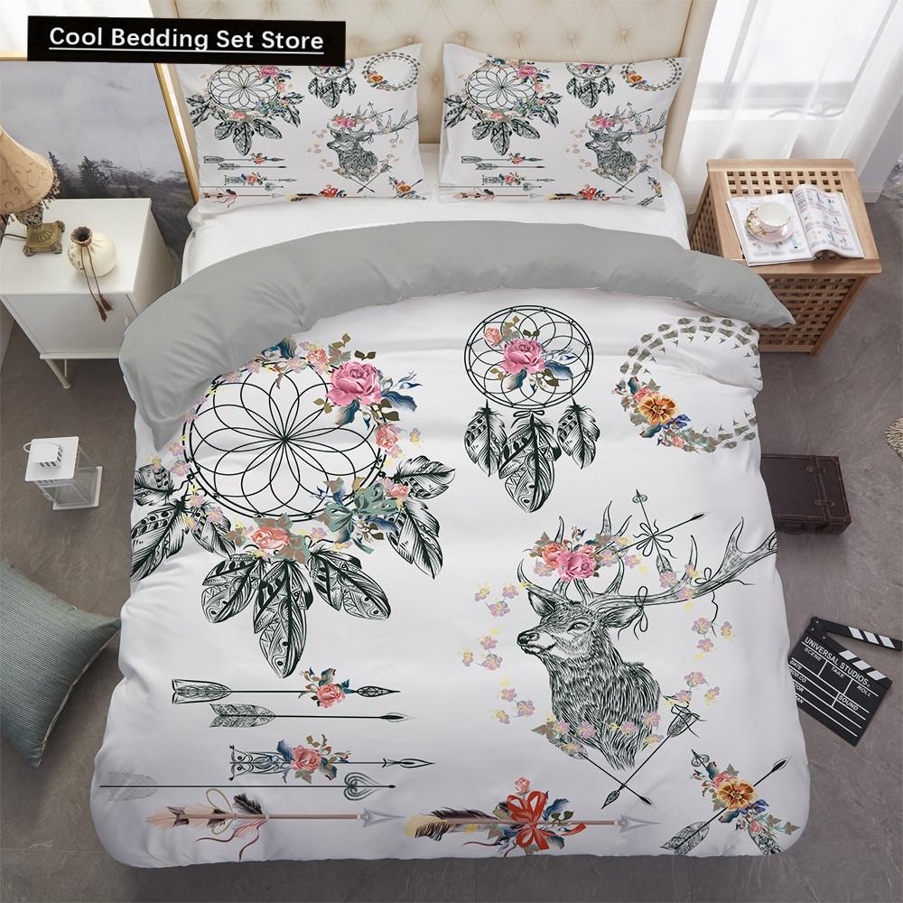 Traumfänger Elch Königin Bettbezug Böhmischer Stil Schmetterling Bettwäscheset für Teenager Mädchen Frauen Ziege Weiß 2/3-teiliger Bettdeckenbezug
