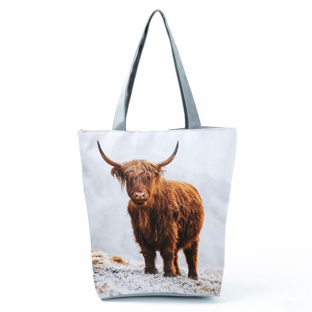 Highland Cow Print Single Shoulder Tote Bag - Large Capacity, Fashionable Zipper Handbag