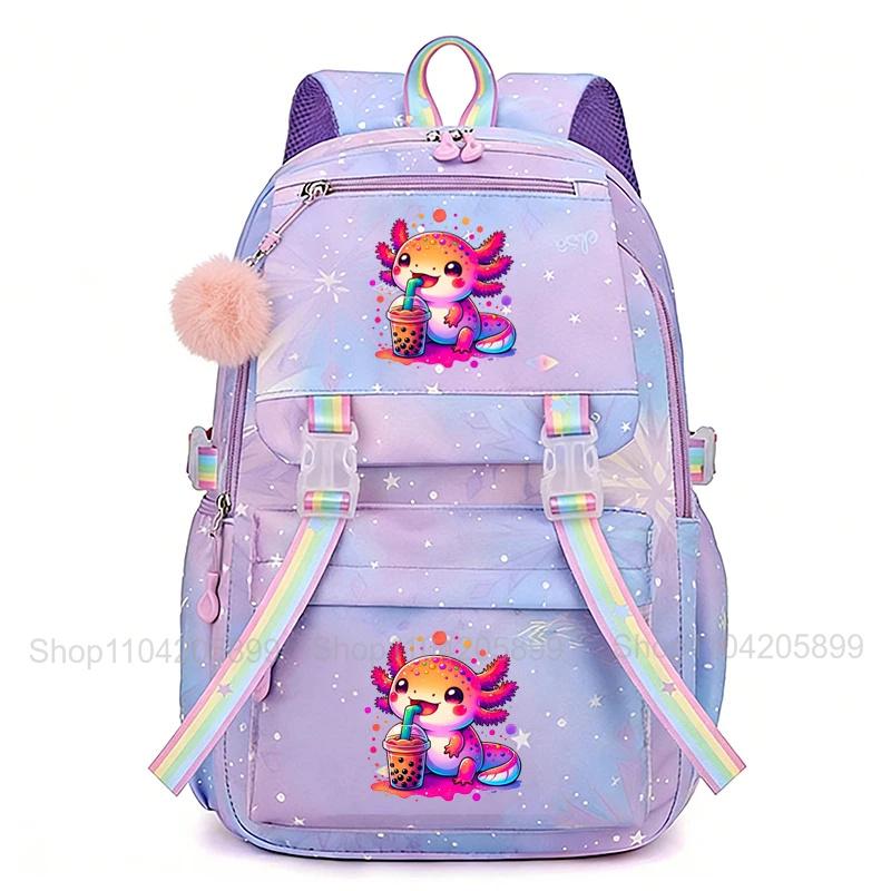 Zaino Boba Axolotl Arcobaleno Carino Cartone Animato Mochi Zaino Scolastico per Ragazze Zaino Giornaliero Casual Grande Leggero Zaino per Libri