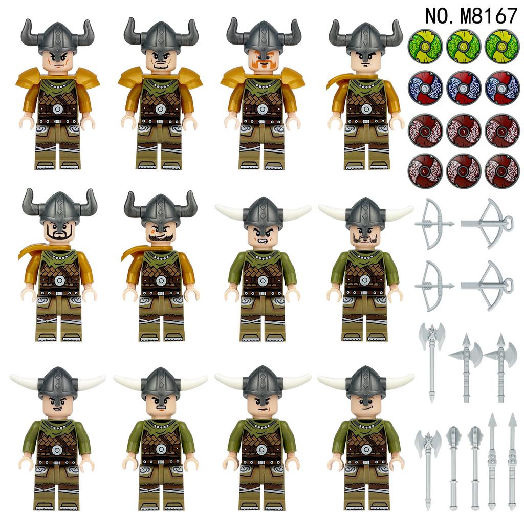 Three Viking Dolls Children Assemble Small Particle Building Block Toys Medieval Soldier Weapon 8170
