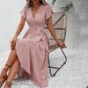 Summer Floral Maxi Dress for Women V Neck Short Sleeve Ruffle Hem Wrap Dress Boho Casual Split Flowy Beach Long Dress
