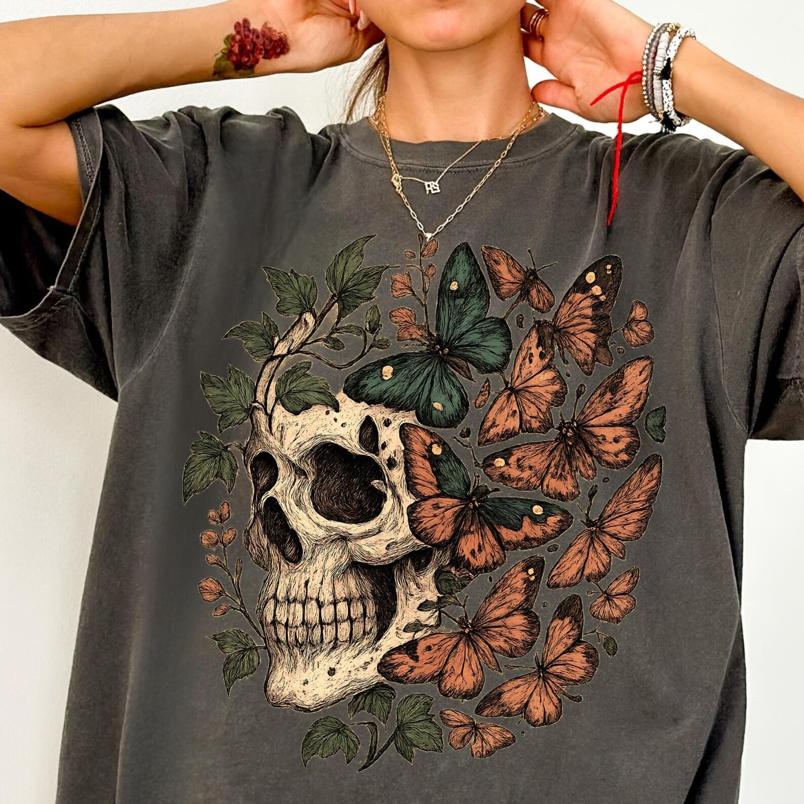 Skull & Butterflies Comfort Colors® Shirt, Vintage Distressed Skull Shirt, Oversized Retro Grunge Tee, Trendy Grunge Indie Boho Graphic Tee S