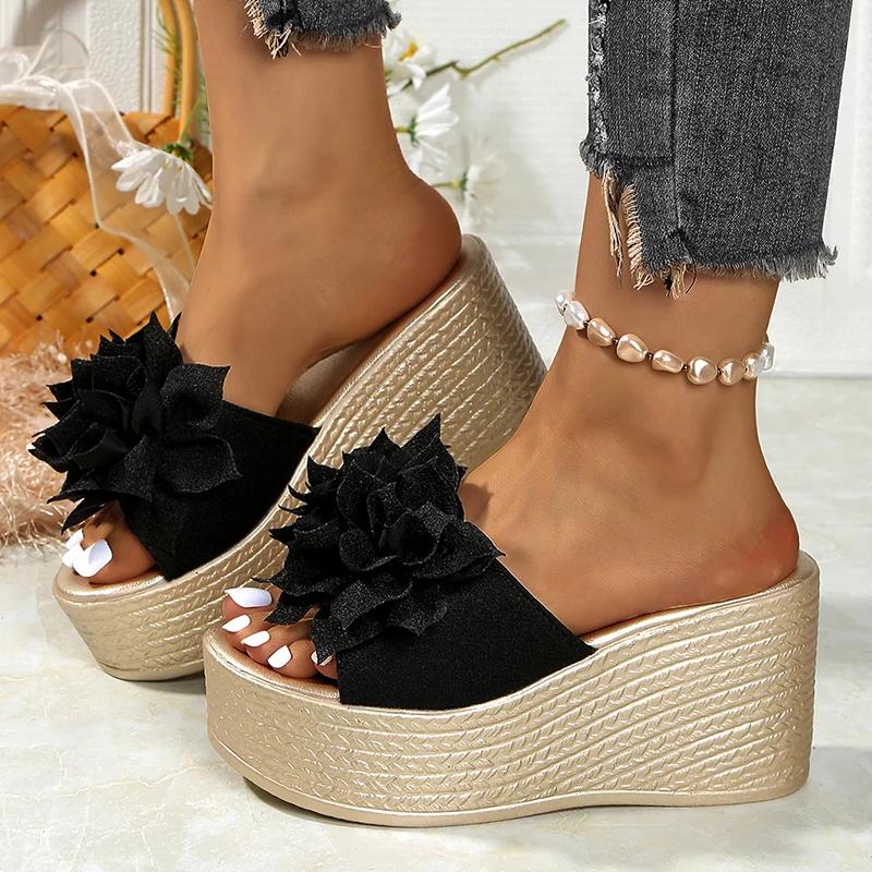 Fashion Flower Decor Wedge Sandals Women 2025 Summer Chunky Platform Beach Slippers Woman Plus Size Fashion Thick Bottom Sandalias Mujer