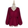 Women Spring Summer Casual Blouse Top Shirt V-Neck Long Puff Sleeve Slim Chiffon Solid Red S M L XL