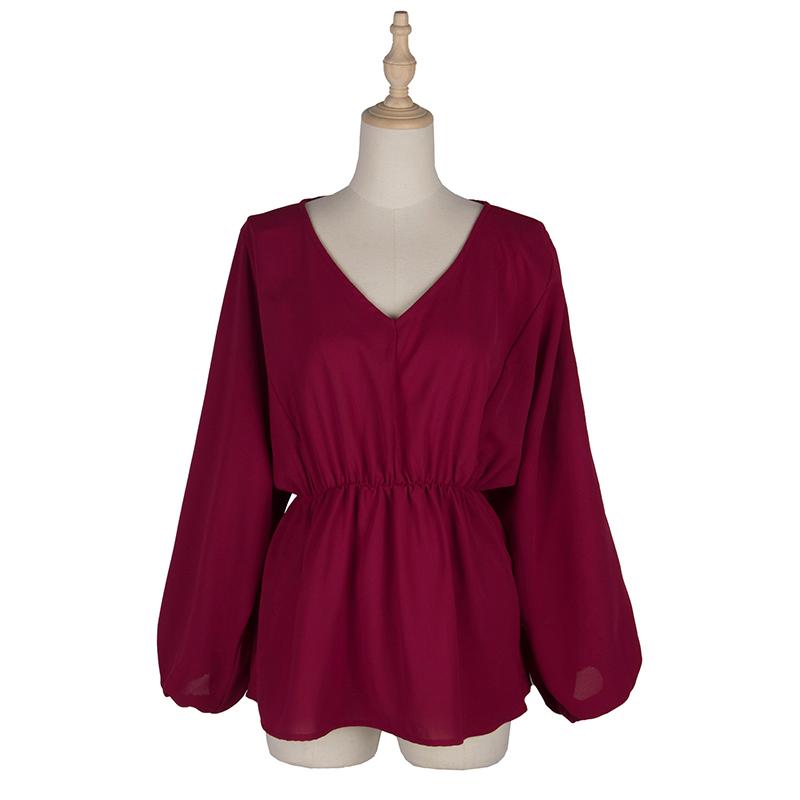 Women Spring Summer Casual Blouse Top Shirt V-Neck Long Puff Sleeve Slim Chiffon Solid Red S M L XL
