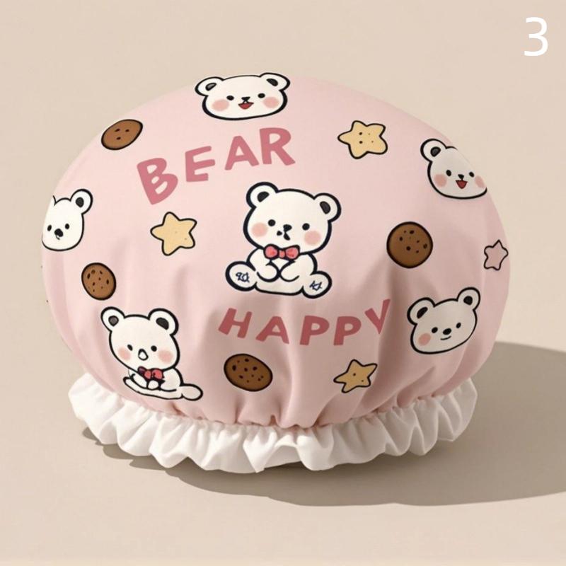 1 Pcs Women Shower Cap Waterproof Wide Elastic Band Reusable Bathroom Cup Cartoon Cat Bear Dog Shower Hat Bathroom Accessories