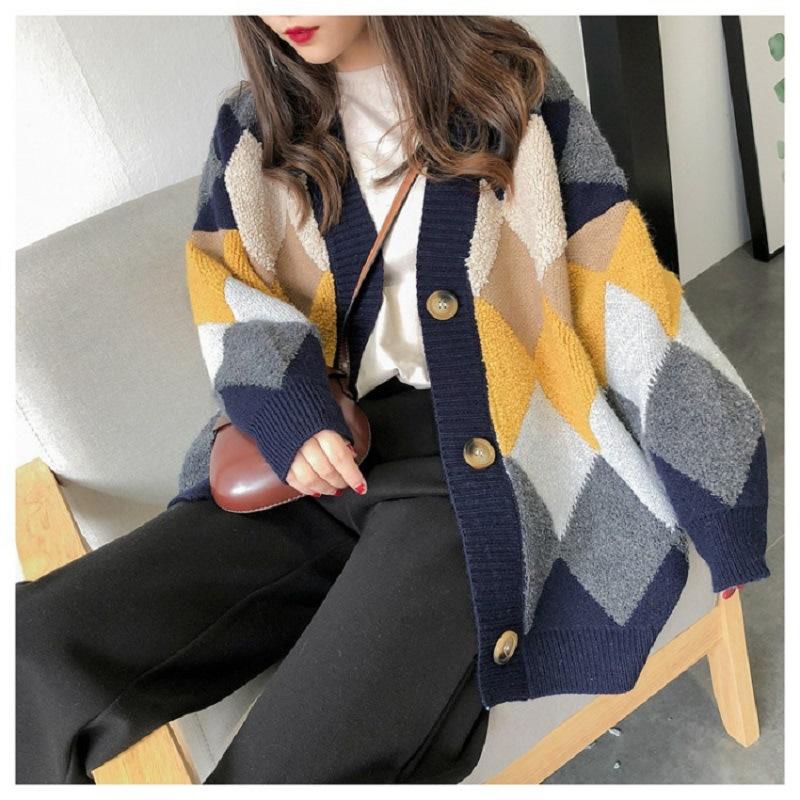 Large Size Cardigan with Women's Loose Casual Fashion Commuter V-neck Contrasting Color Diamond Sweater Jacket Women