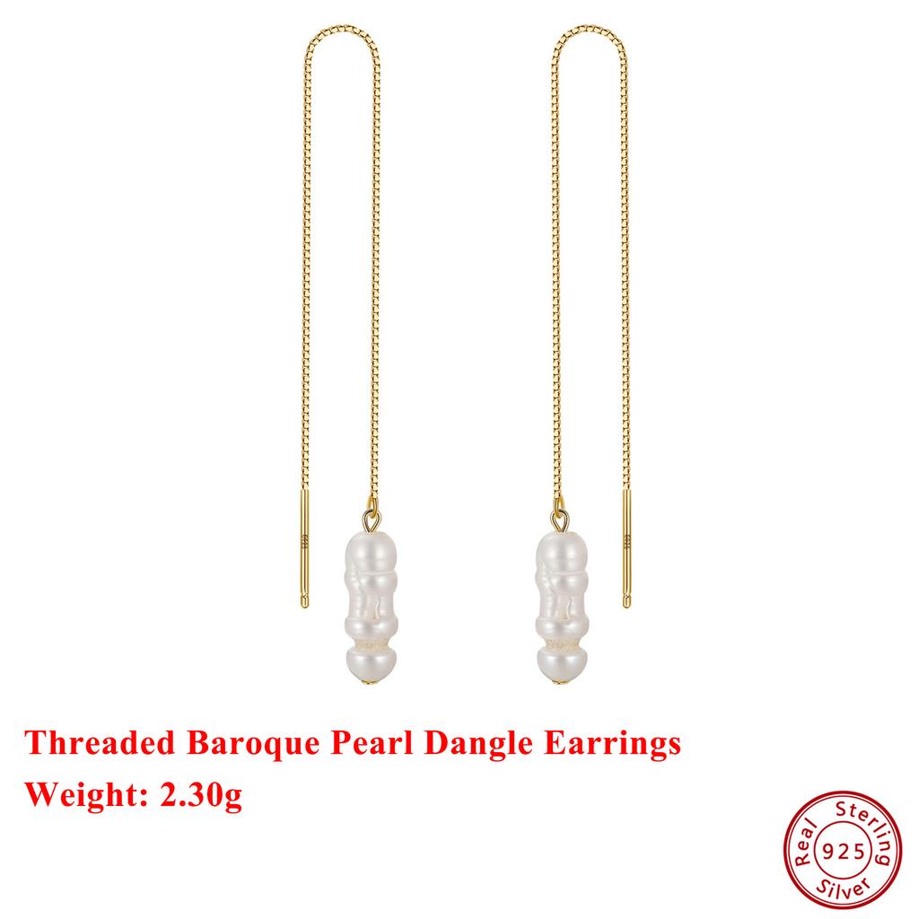 Effie Queen 925 Pure Silver 14k Gold Threaded Baroque Freshwater Pearl Dangle Earrings Ideal Jewelry for Women Fine Gift GPE07