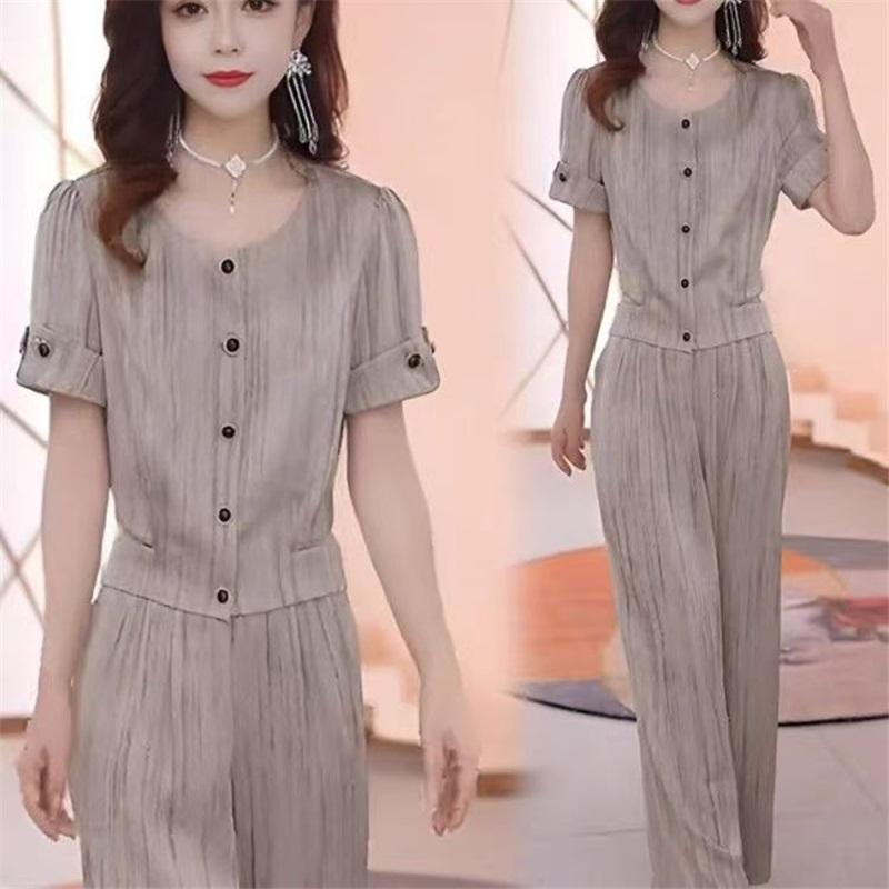 

Women 2-Piece Outfit Set Summer Short Sleeve Top & High Waist Wide Leg Pants Elegant Casual Office Wear XXXL