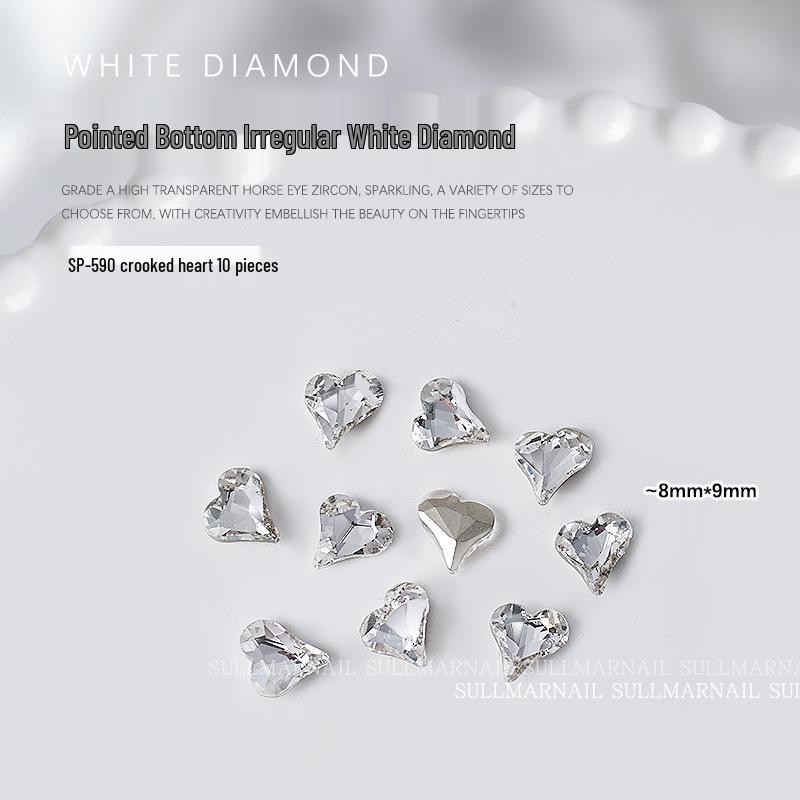 10-Piece Nail Art Set: Pointed Bottom Heart, Crooked Heart, White Diamond, Peach Heart, Square Transparent Rhinestones for Nail Decoration