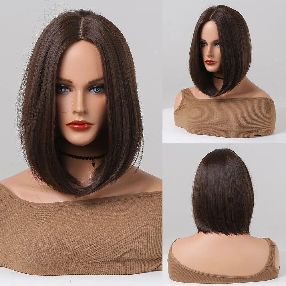 Short Straight Bob Synthetic Wigs with Bangs for Women Brown To Blonde Wig Cosplay Party Daily Heat Resistant Fiber Hair
