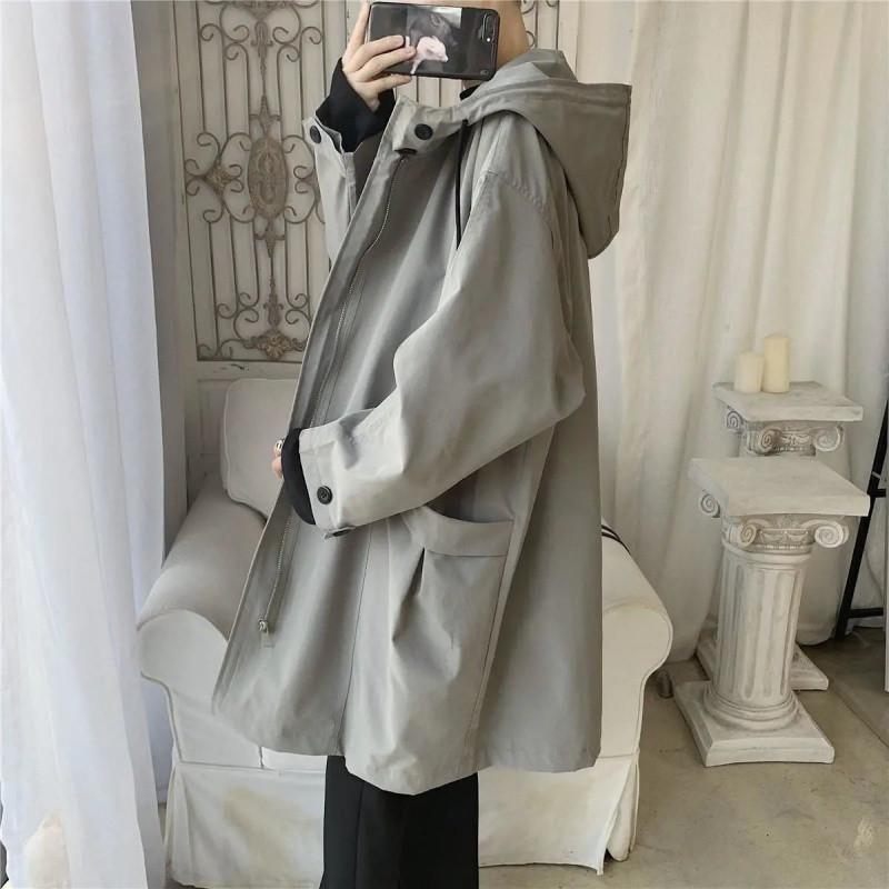 Spring Autumn Green Windbreaker Fashion Men Mid-length Casual Hooded Coat Men Daily High Street Overcoat Male Clothes