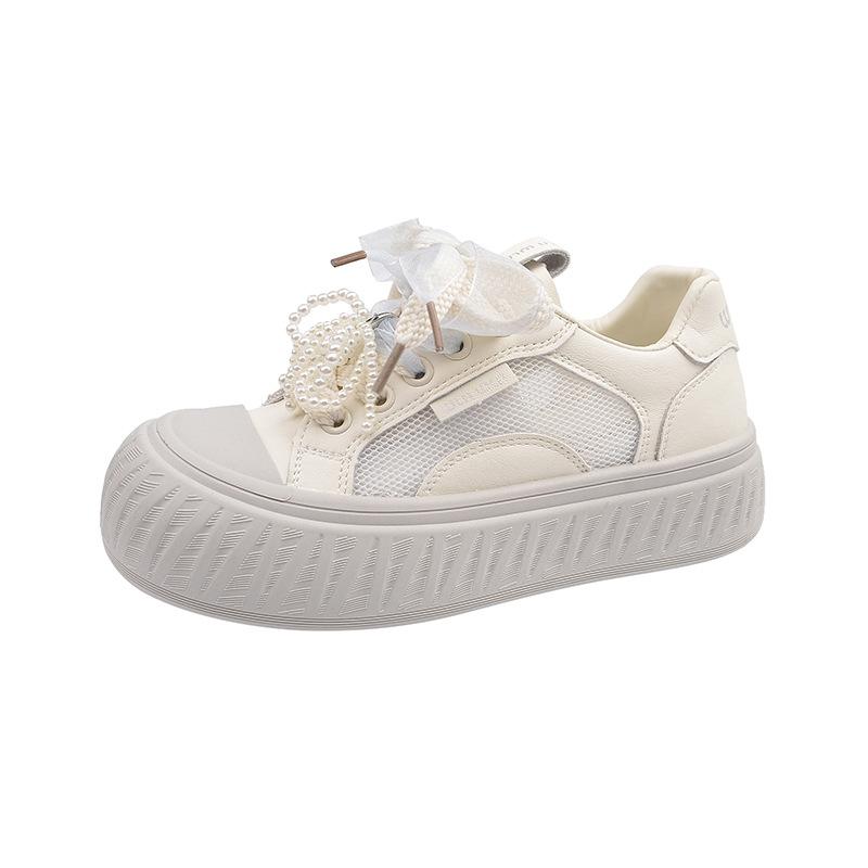 Popular Niche Fashion Sports Shoes Women's New Spring Single Shoes Versatile Flat-bottomed Pearl Lace-up Casual Sports Shoes