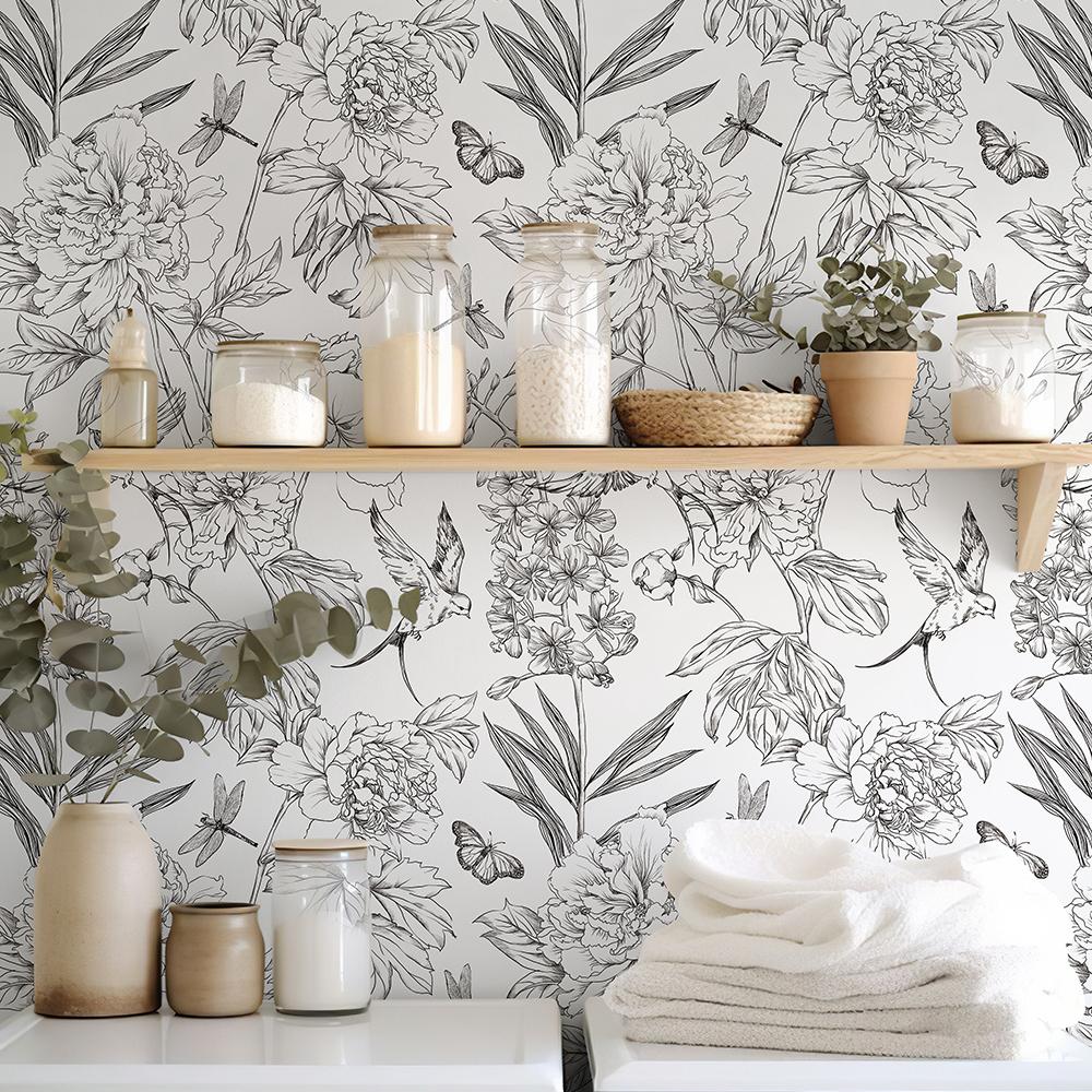Retro Line Sketch Floral Wallpaper White And Black Flower PVC Furniture Cabinet Sticker Vintage Birds Removable Wall Decor