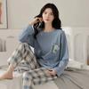 Spring Autumn Women's Polyester Pajamas Plaid Long-sleeved Home Sleepwear Womens Simple Loose Casual Suits
