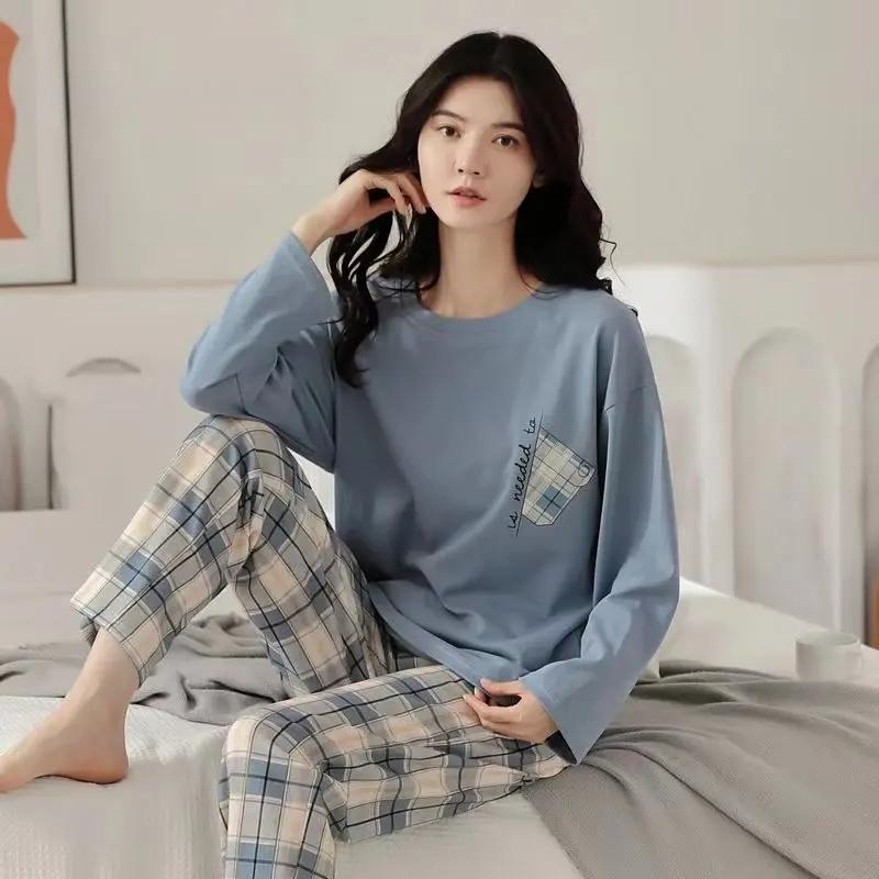 Spring Autumn Women's Polyester Pajamas Plaid Long-sleeved Home Sleepwear Womens Simple Loose Casual Suits