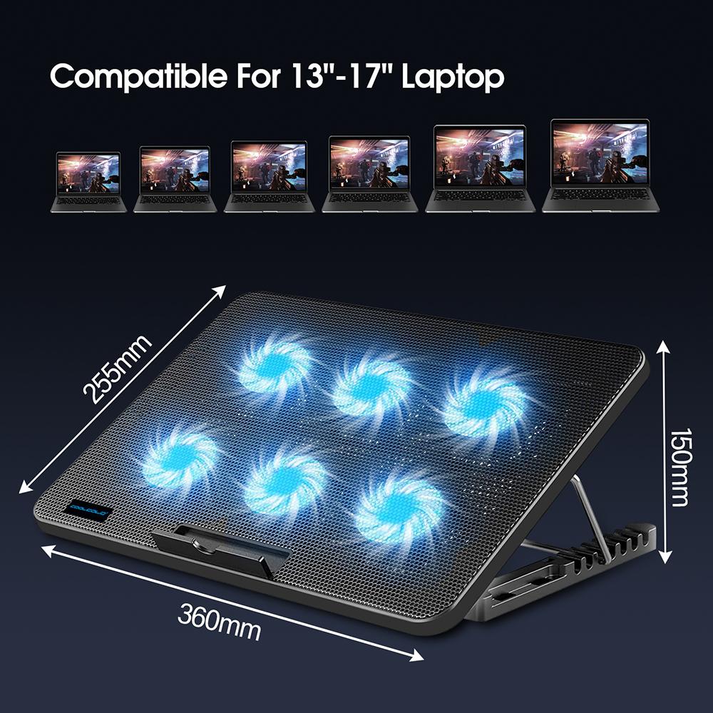 Coolcold 15,6-17,3 Zoll Laptop-Kühlpad mit 6 leisen Lüftern, 7-stufig einstellbare Windgeschwindigkeit, Laptop-Kühler mit Handyhalter