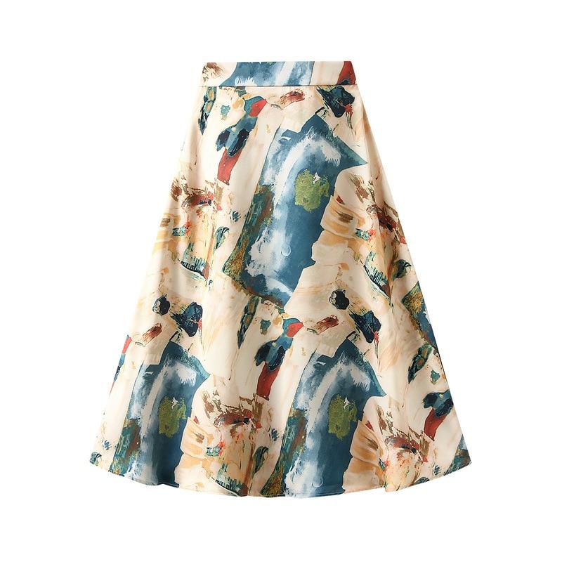 

Qooth Women Satin Floral Printed Calf Length Skirt Elegant Elastic Waist Acetate Skirt QT2144 M синий