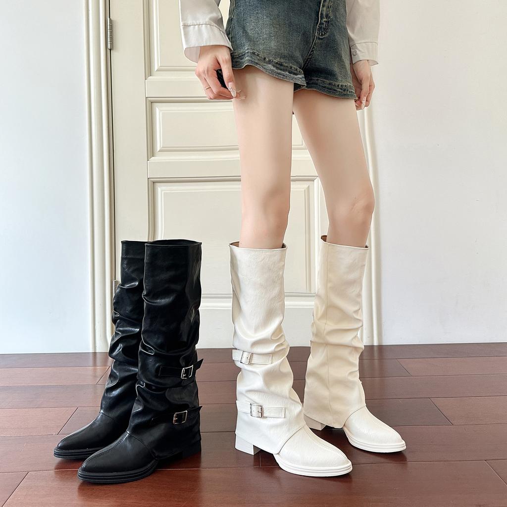 White Pile Boots European and American Spice Girls Belt Buckle Pants Long Boots Women's Tall Knight Boots Pointed High Heel Long Boots