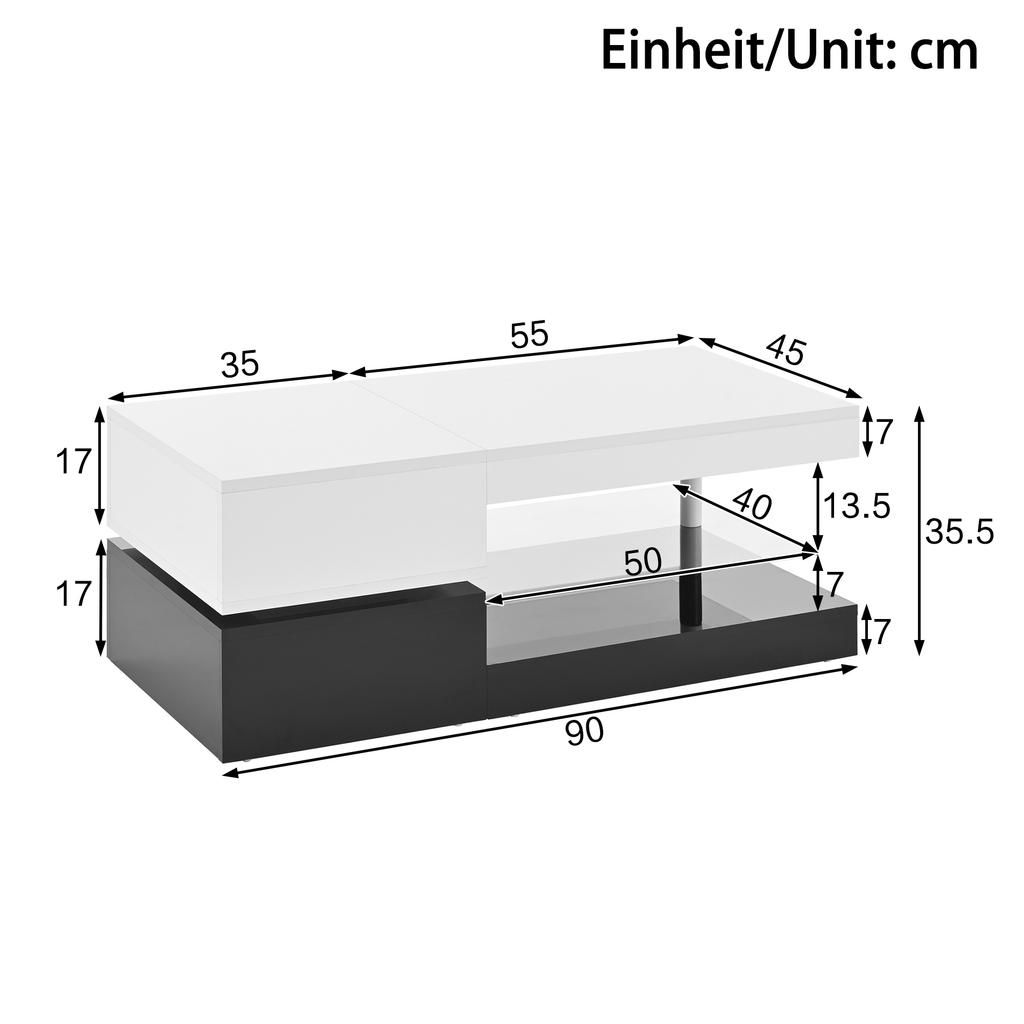 Moderner Couchtisch mit LED-Umgebungsbeleuchtung, APP- und Bluetooth-Steuerung, Glasablage & Hochglanzoberfläche, schwarz-weißes Design, 90x45x35,5 cm