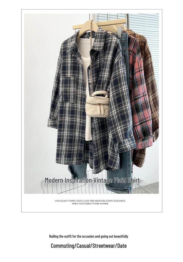 2025 Autumn Plus Size Retro Plaid Long Sleeve Loose Shirt Cardigan
