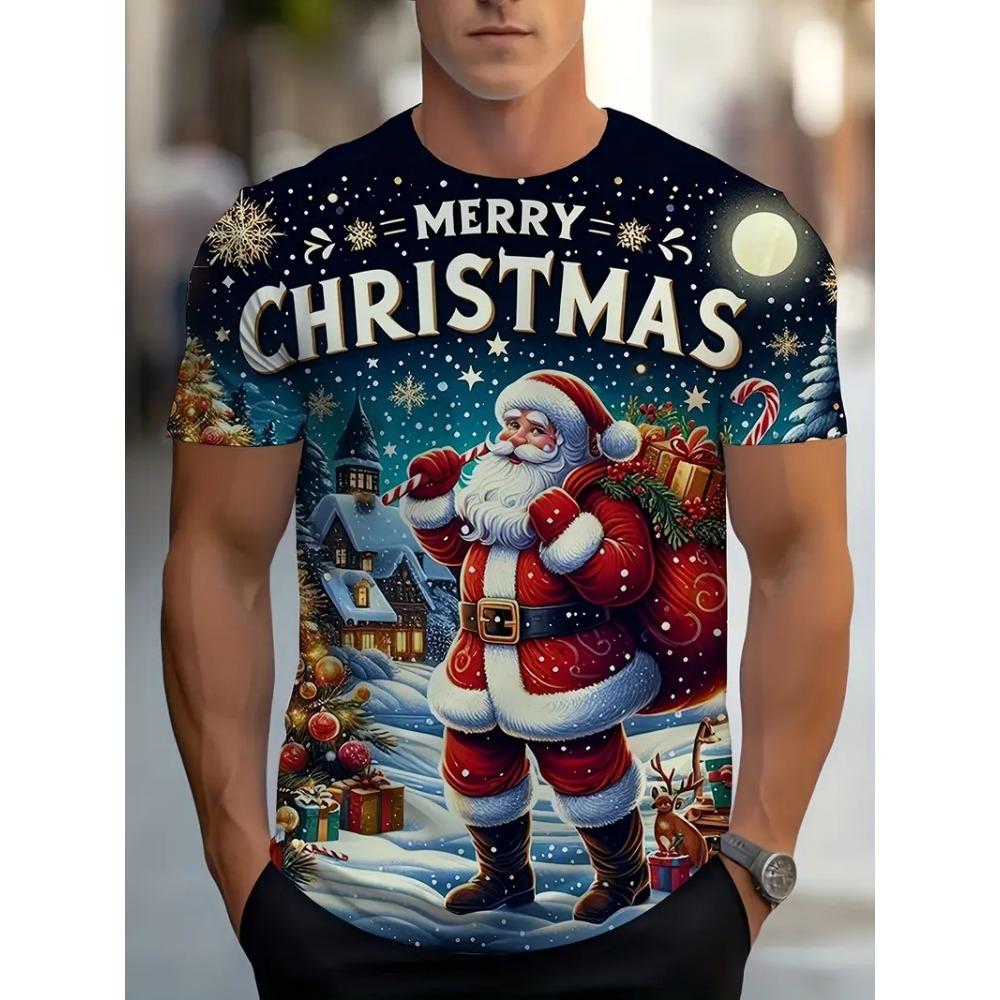 New 3D Santa Claus Print T-Shirt, Street Style for Spring and Summer, Loose Short Sleeve, Breathable High-Quality Men's Top