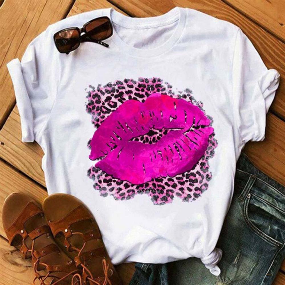 New Women Pink Lips Leopard Graphic T Shirt Casual Fahion O-neck Sexy Black Tees Kiss Lip Funny Girls Tshirt