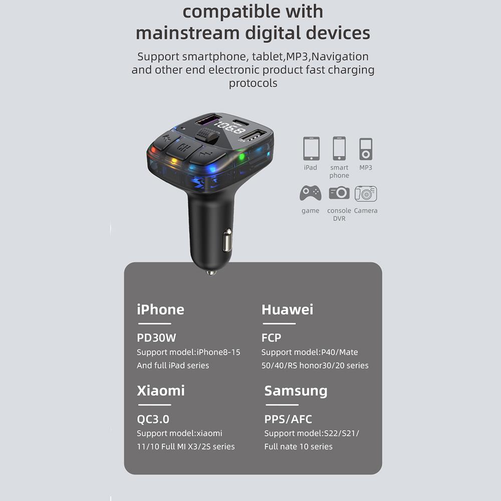 Bluetooth 5.3 Car FM Transmitter PD 30W Dual USB 4.2A Fast Charger Ambient Light Handsfree Radio Modulator MP3 Player Support TF U Disk