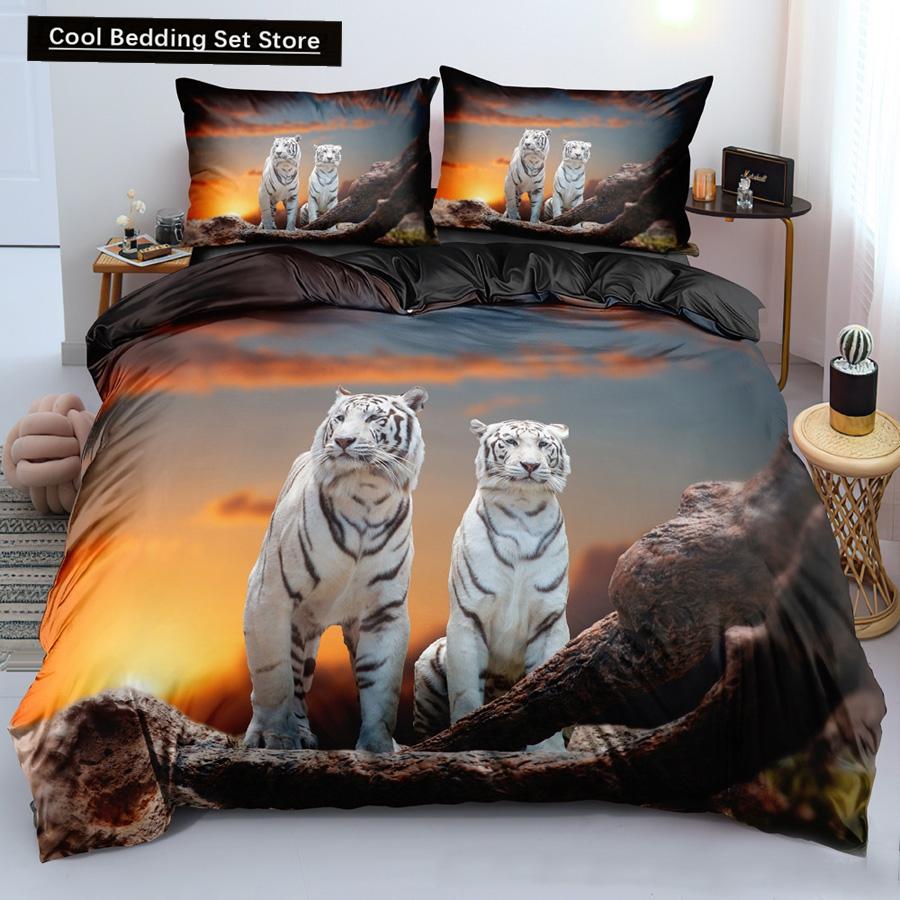 Comforter Lion Tiger King Queen Lovely Wild Animals Bedding Set For Kids Teens Adults Wildlife Grey Black 2/3Pcs