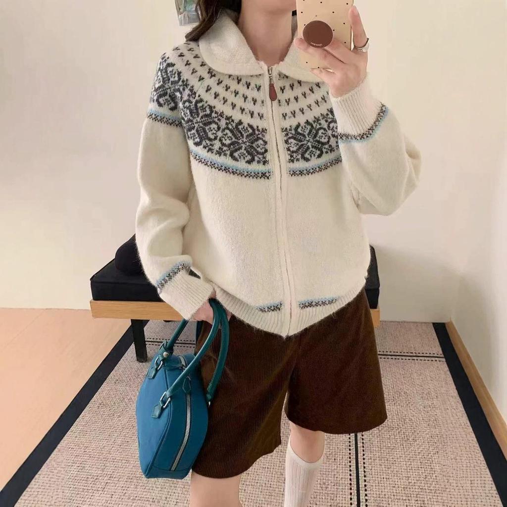 Fair Isle Retro Doll Collar Embroidered Knit Cardigan for Women - Cozy Autumn/Winter Sweater Coat