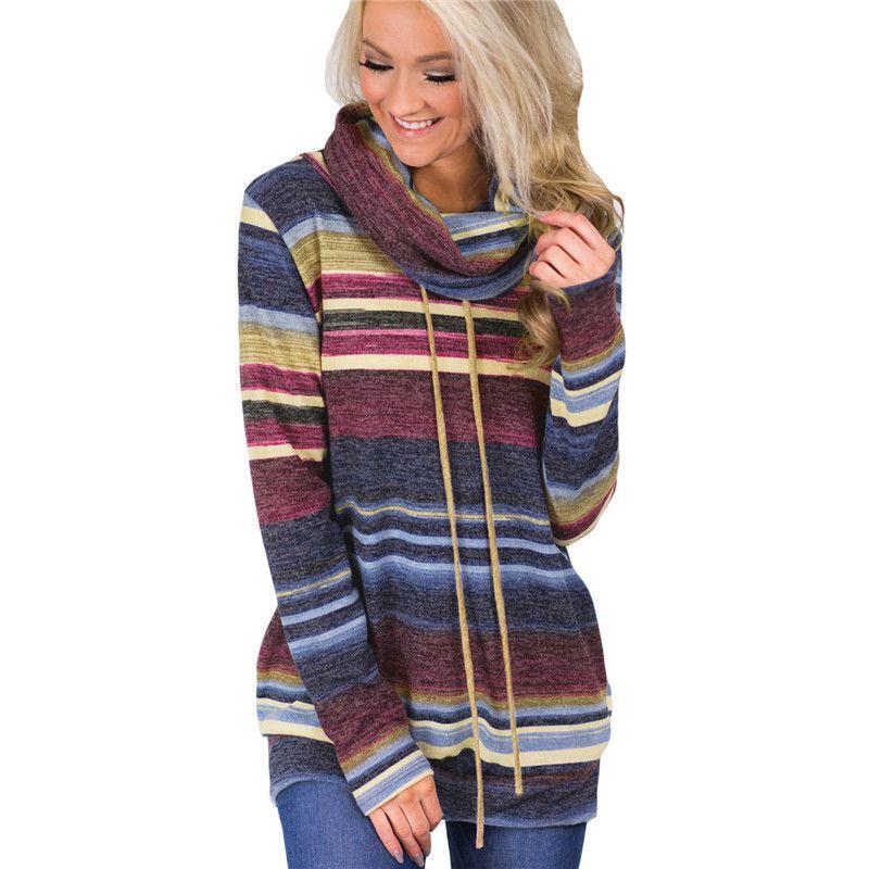 Womens Blouse Hoodie Sweatshirt Long Sleeve Jumper Pullover Striped Shirt Top Tag 2XL=US L