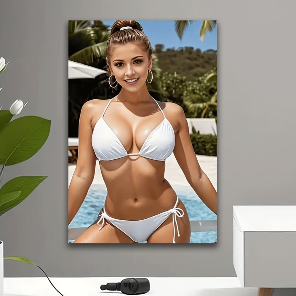 Vibrant Girl Art Print - Sexy Bikini Woman By Pool Aluminum Plate Home Office Decor Birthday Valentine's Day Gift