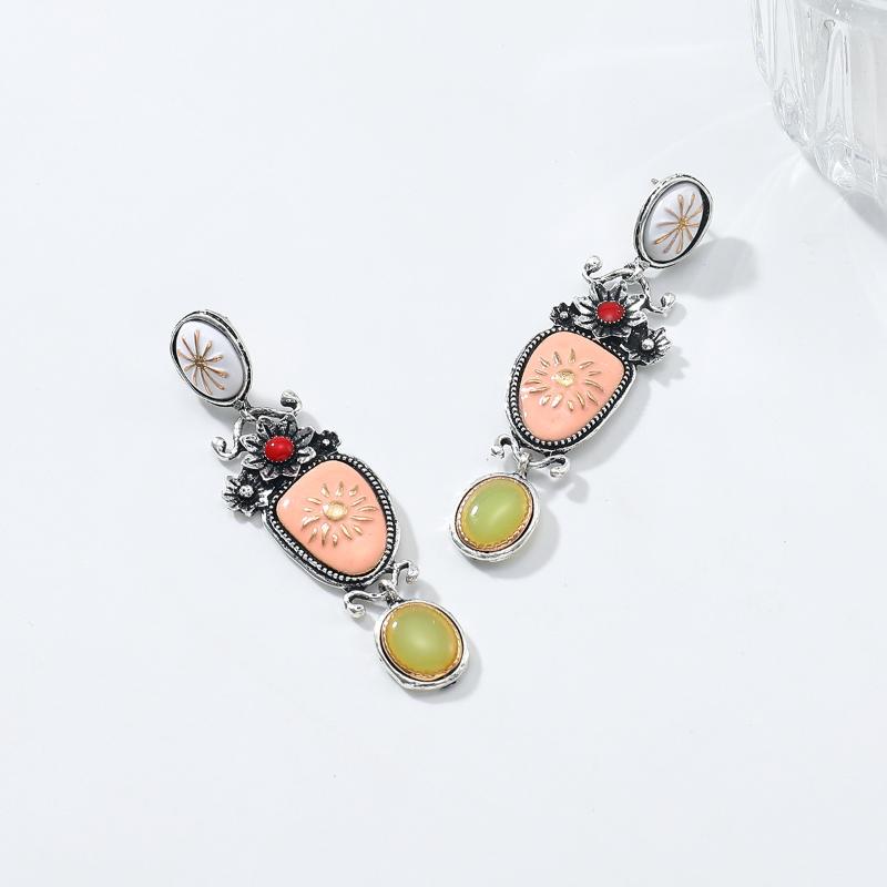 Vintage Exaggeration Alloy Drop Oil Flower Green Beads Dangle Earrings Bohemian Style Charm Holiday Party Jewelry Accessories