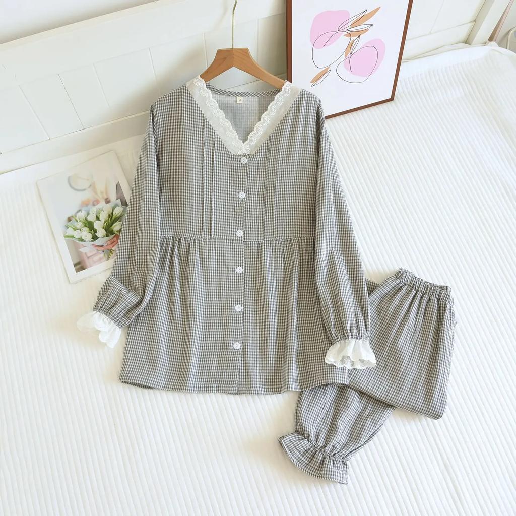 New Women's Pajamas Set 100% Cotton Edge Collar Small Plaid Long Sleeves Trousers Home Wear Two-piece Set