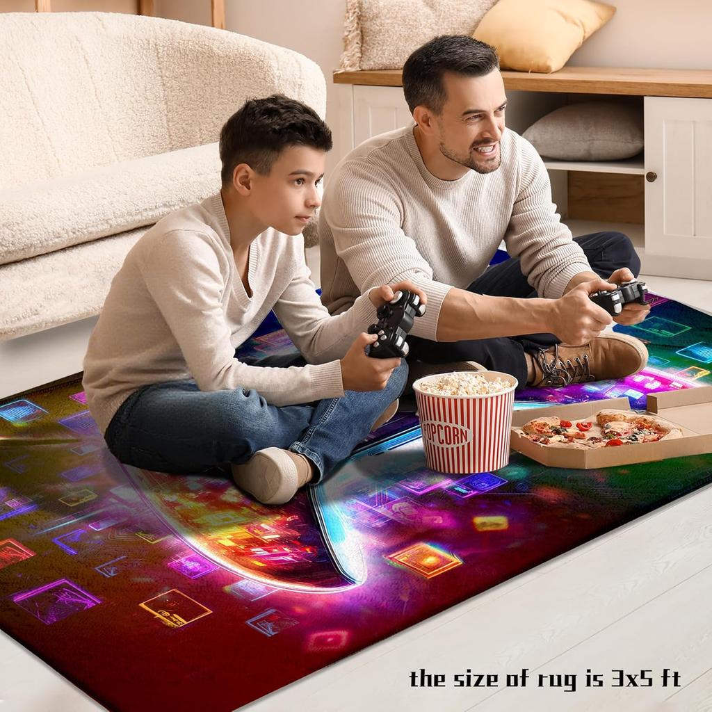 Cyberpunk Glowing Game Controller Themed Rug, Neon Tech Style Floor Mat for Gaming Room, Bedroom, Non Slip Decorative Carpet