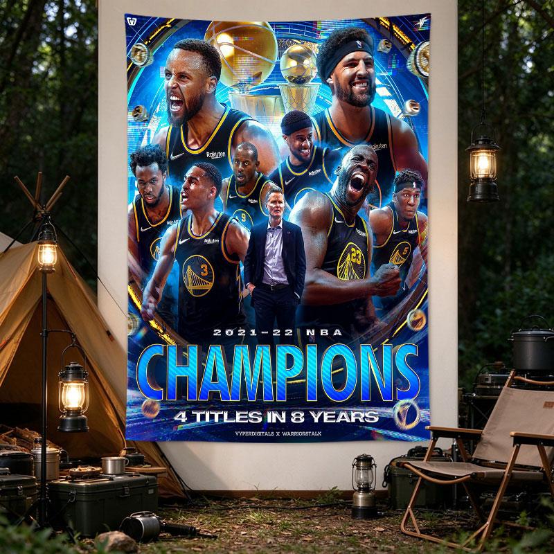 Golden State Warriors 2022 Champions Poster Blue Neon Trophy Curry Team Glow