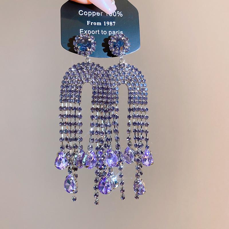 Elegant Rhinestone Teardrop U-Shaped Tassel Earrings for Women - Exquisite, High-End, Fashionable Statement Jewelry
