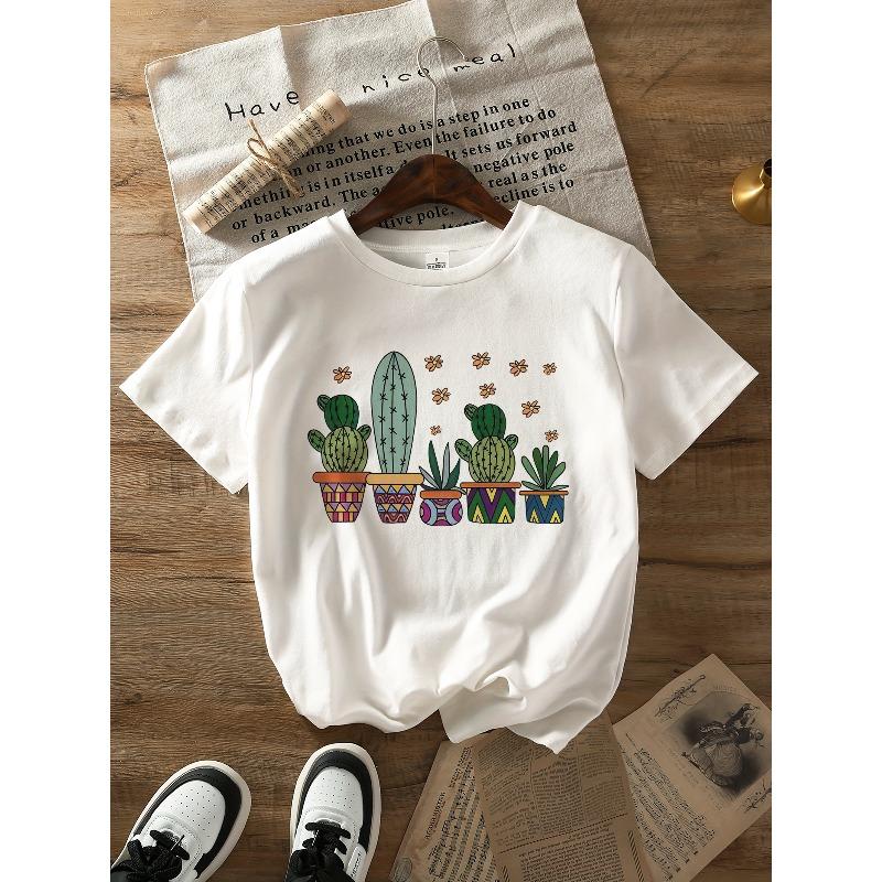 European Size Women's Cactus Graphic Print T-Shirt - Casual Crew Neck Short Sleeve Tee with Color Block Design - Polyester