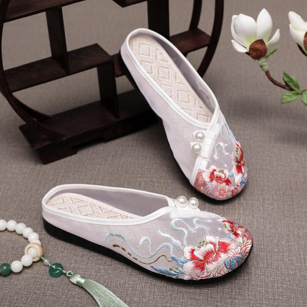Mesh Hanfu Slippers Flower Embroidered Shoes Ethnic Style Baotou Slippers Hanfu Accessories