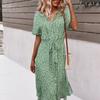 Women Floral Print Long Dress Vintage Bandage Single-Breasted V-Neck Beach Dresses Ladies Boho Short Sleeve Button Robe Vestidos